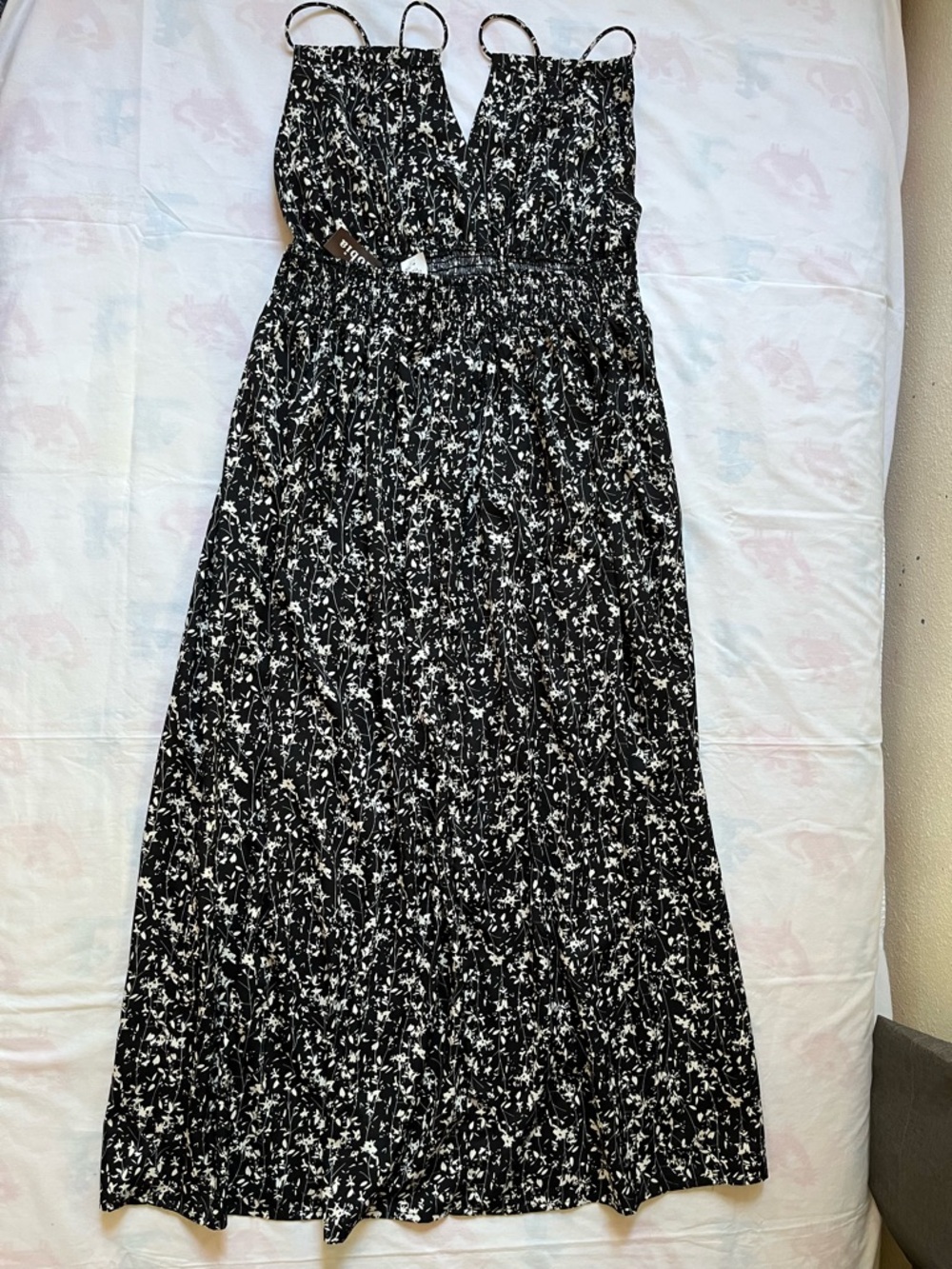 Zenobia Black and White Smocked Floral Dress